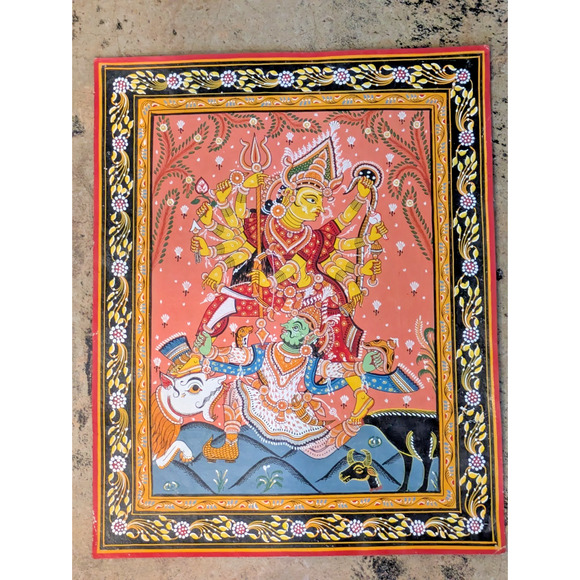VTG Pattachitra painting Goddess Durga slaying the Buffalo Demon Mahishasura - Picture 3 of 9